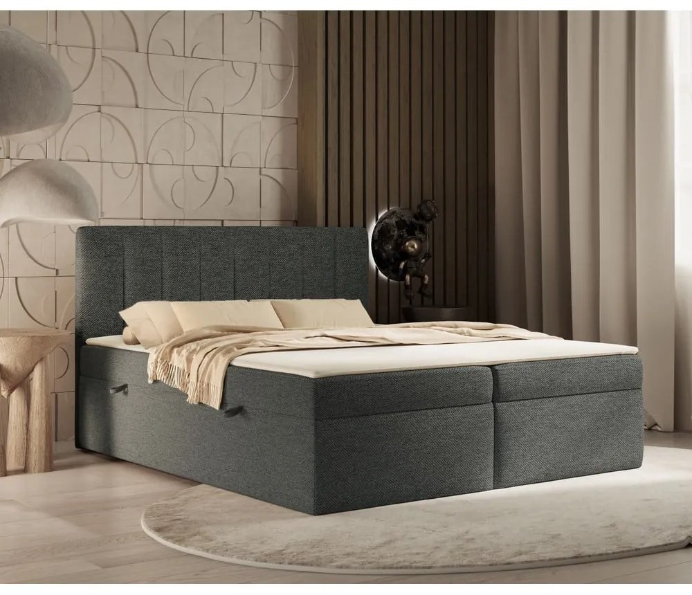 Ciemnoszare łóżko boxspring ze schowkiem 140x200 cm Novento – Maison de Rêve