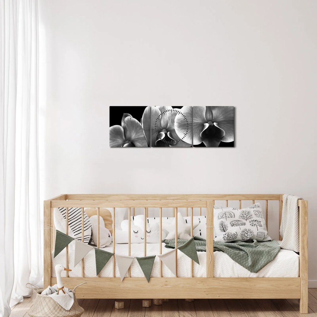 Obraz kwiatu orchidei (z zegarem) (90x30 cm)
