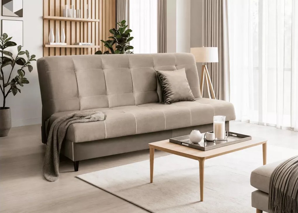 Sofa rozkładana Cypria z pojemnikiem na pościel i funkcją spania – welur Paros, elegancka