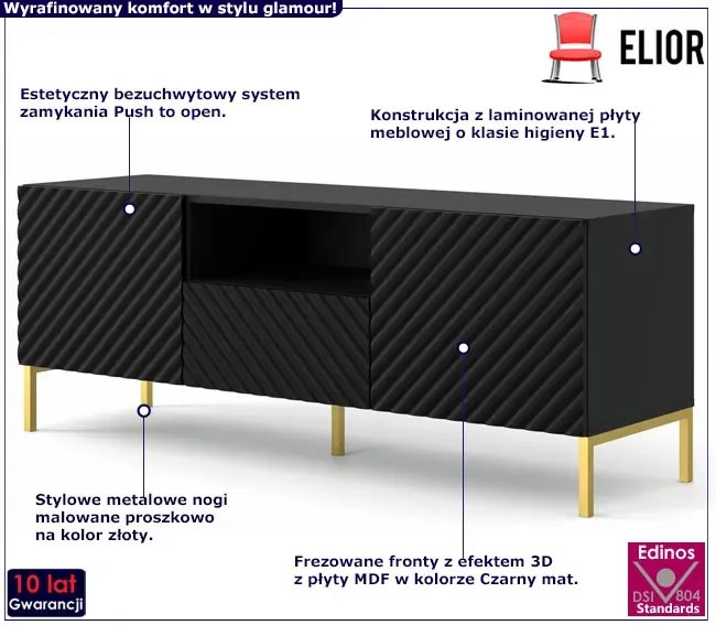 Szafka rtv w stylu glamour czarny mat + złote nóżki - Diva 5X