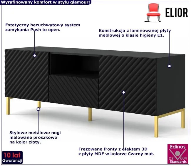 Szafka rtv w stylu glamour czarny mat + złote nóżki - Resa 5X