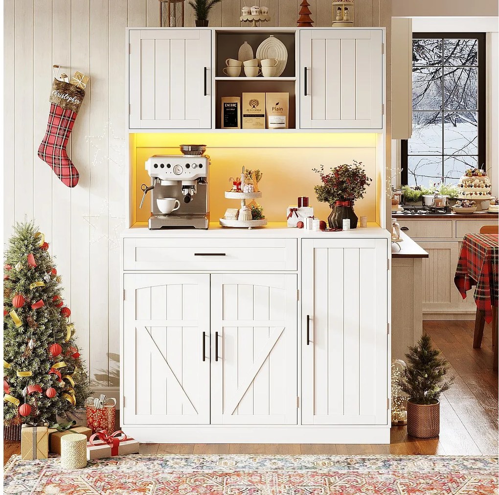 Kredens kuchenny w stylu rustykalnym - 120 x 38 x 180 cm - z diodami LED + gniazdko elektryczne + 5 drzwi + 1 szuflada - biały