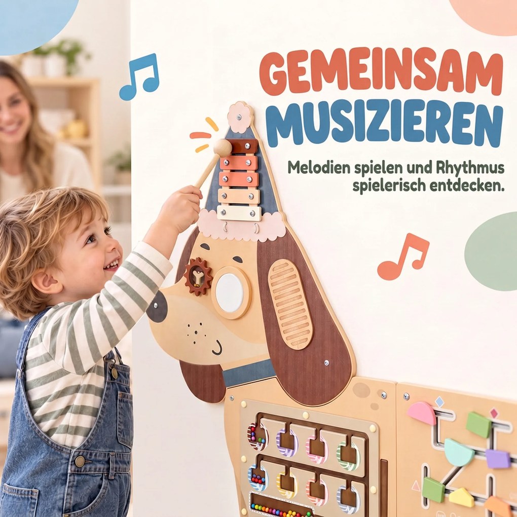 AIYAPLAY Montessori panel motoryczny drewniany Busy Board w kształcie jamnika montowany na ścianie z ksylofonem, zębatkami i bębenkiem | Aosom PL