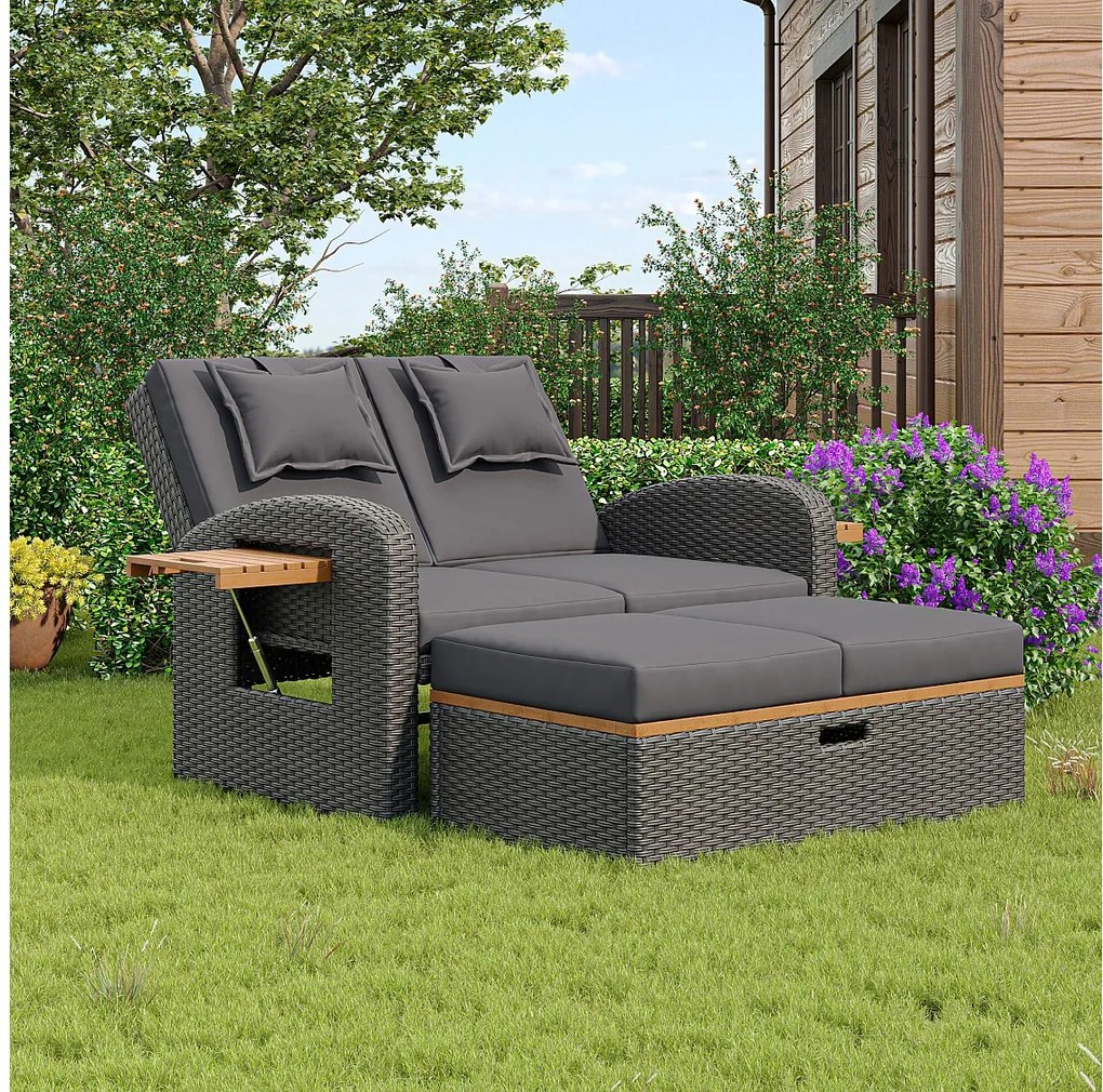 2-osobowa rozkładana leżanka ogrodowa z żywicy wiklinowej - stolik nocny - fotel wypoczynkowy - szary