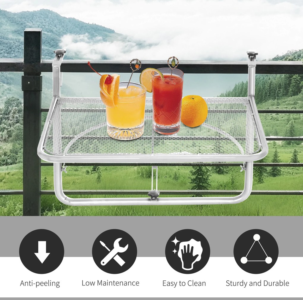 Outsunny Stół Wiszący Balkonowy Kwadratowy Regulowana Wysokość Metalowy Biały 60x565x45cm | Aosom PL