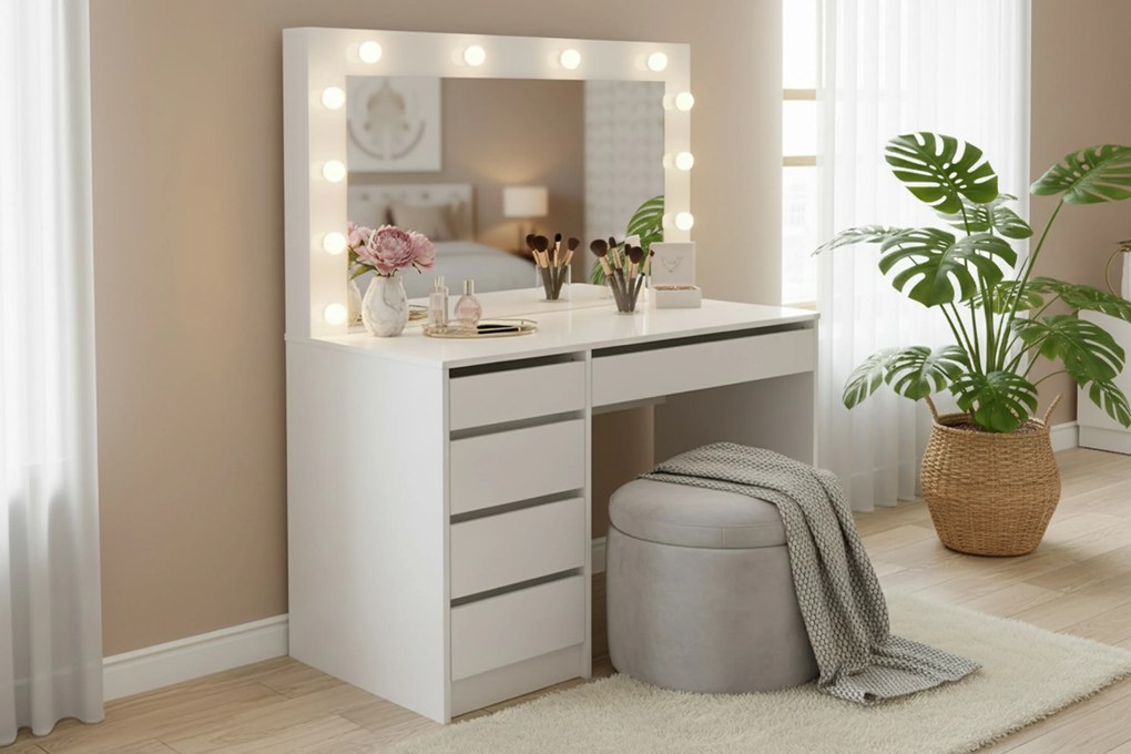 Toaletka Velinio XL 120 cm z szufladami i oświetleniem - biały