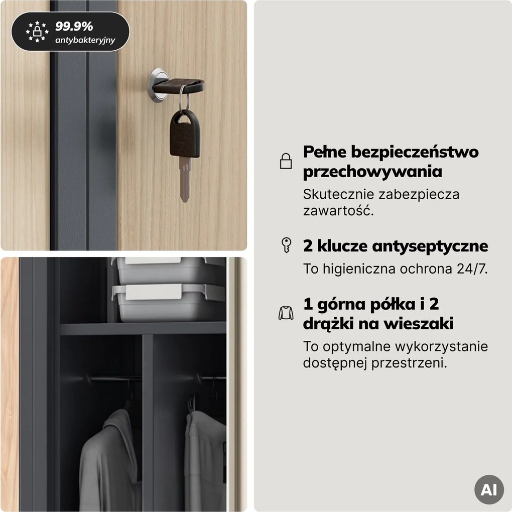 Szafa socjalna czterokomorowa Eco Design Kacper 80x50x180 cm, antracyt/dąb sonoma
