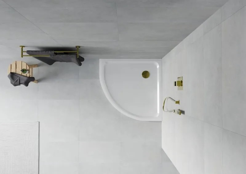 Mexen Flat brodzik półokrągły slim 90 x 90 cm, biały, syfon złoty - 41109090G