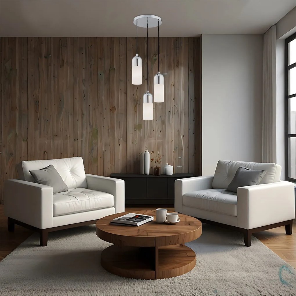 Lampa wisząca do salonu nad stolik kawowy, trzy klosze - Burgos Chrom