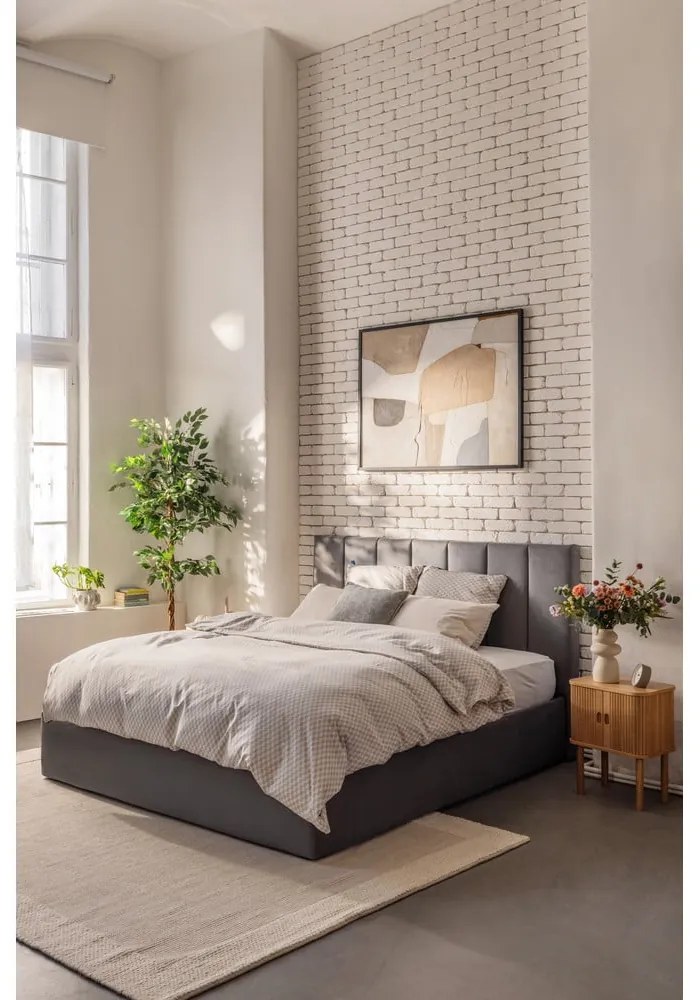 Szare tapicerowane łóżko dwuosobowe ze schowkiem z materacem i stelażem 180x200 cm Thessa Bold Line – Bonami Selection