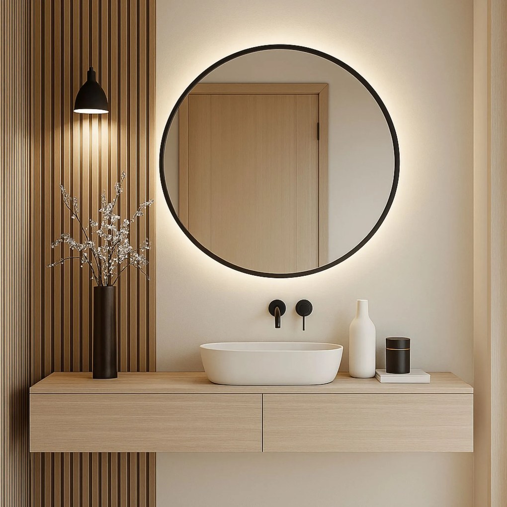 Lustro okrągłe podświetlane w czarnej ramie mat VALO Slim LED Black | Różne rozmiary : Średnica - 50 cm