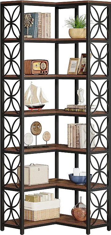 Regał na książki o wysokości 200 cm, 7-poziomowy regał narożny w kształcie litery L z metalową ramą, wolnostojąca półka narożna