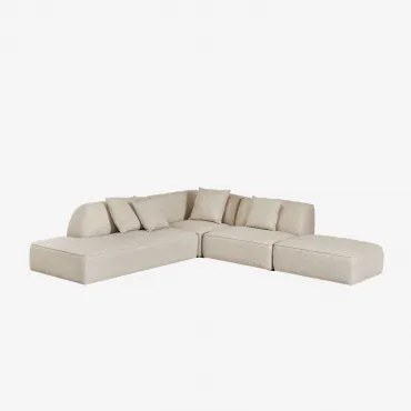 Sofa Narożna Modułowa Cardea 3-częściowa Z Leżanką Po Lewej Stronie I Tapicerowanym Pufem Tkanina Bouclé W Kolorze Kremowo-beżowym - Sklum