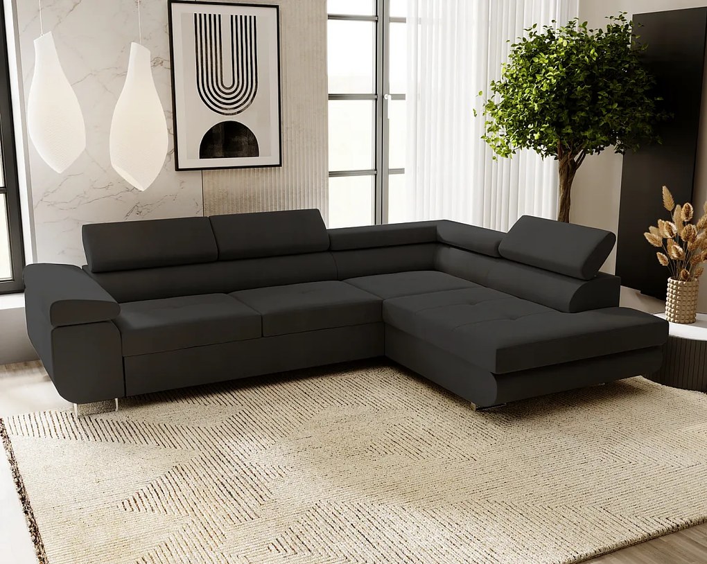 Emporius Sorlo narożnik z funkcją spania i pojemnikiem - regulowane zagłówki, prawostronny, tkanina aksamitna, czarny (Amor Velvet 4322)