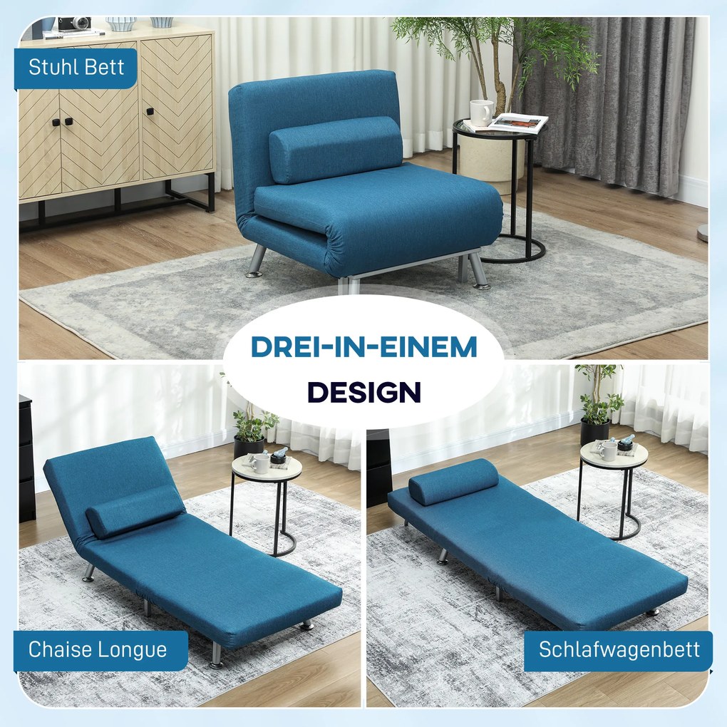 HOMCOM Składany fotel z funkcją spania, składany fotel relaksacyjny w stylu lnu, regulowane oparcie, 75 x 70 x 75 cm, Niebieski