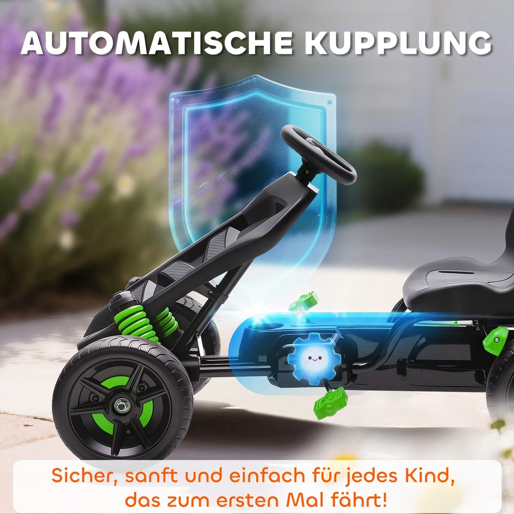 AIYAPLAY Gokart z pedałami, samochodzik na pedały dla dzieci z hamulcem, antypoślizgowe koła, metalowa rama, 3-6 lat, zielony | Aosom PL