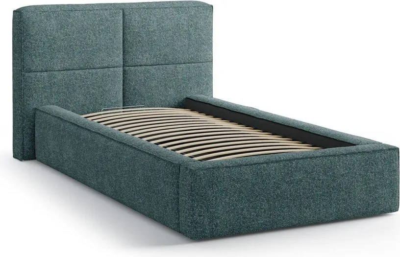 Turkusowe tapicerowane łóżko jednoosobowe ze schowkiem i stelażem 90x200 cm Darren – Micadoni