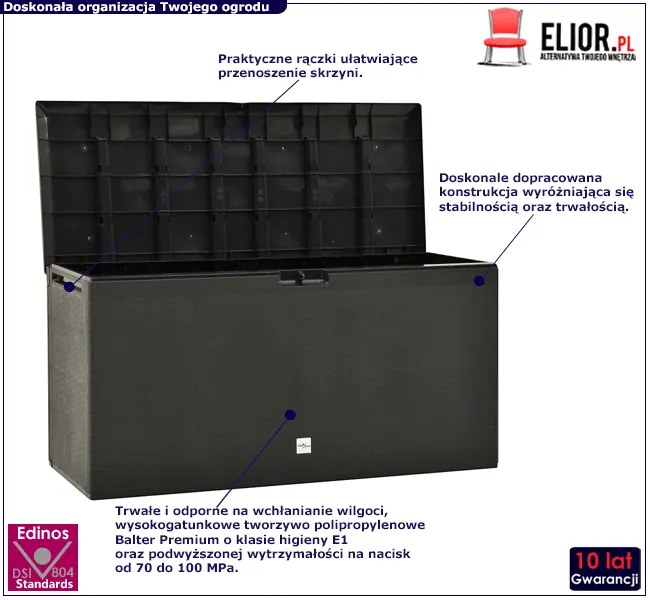 Prostokątna zamykana antracytowa skrzynia ogrodowa M1-F50