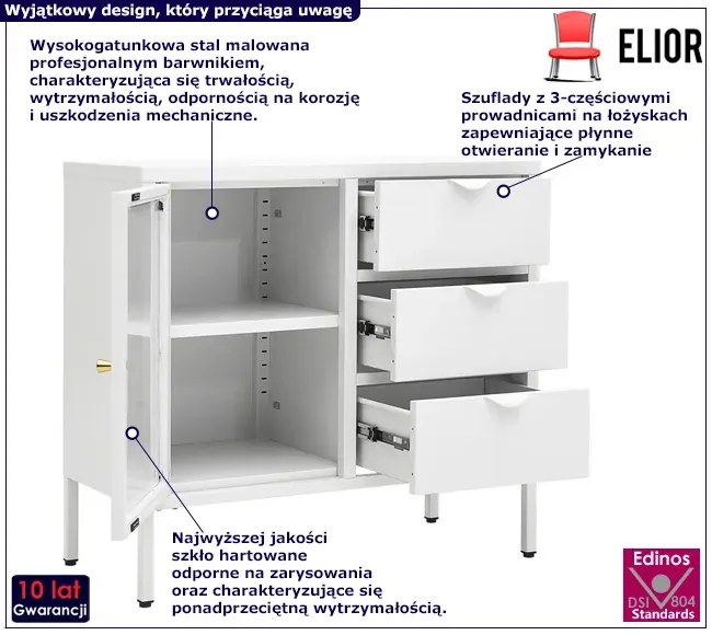 Biała stalowa komoda z szufladami i witryną - Mion