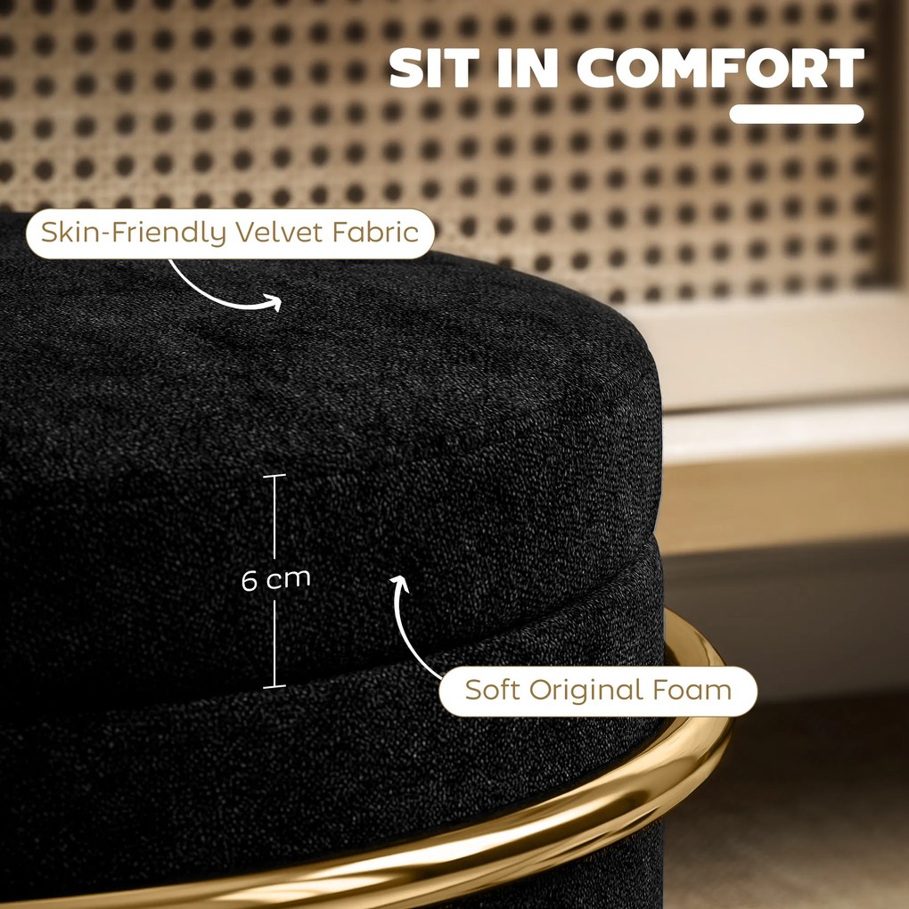 HOMCOM Pufa z przechowalnią, tapicerowany podnóżek, stalowa rama, złote akcenty, Czarny