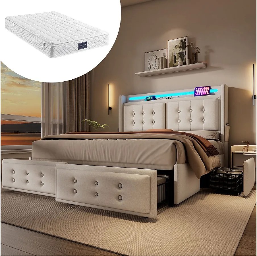 Łóżko dla dorosłych 160x200 cm - z zagłówkiem, LED, USB typu C, 4 szufladami, stelaż - materiał - beżowe - materac w zestawie