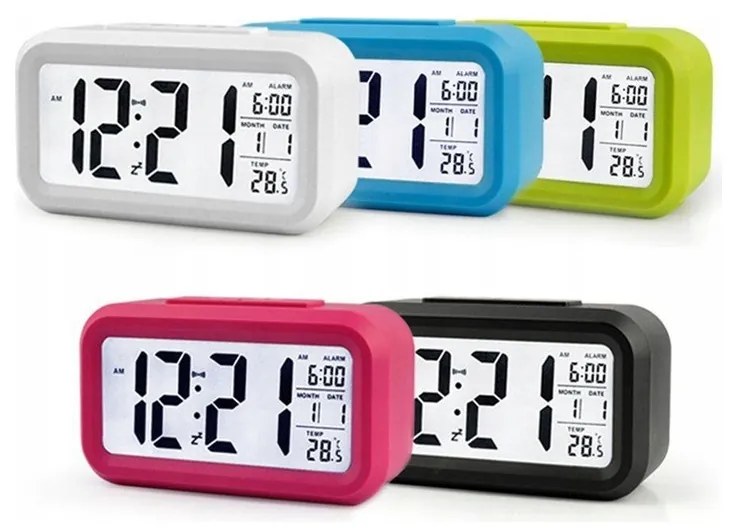 Zegar budzik elektroniczny cyfrowy stojący - termometr + czujnik zmierzchu
