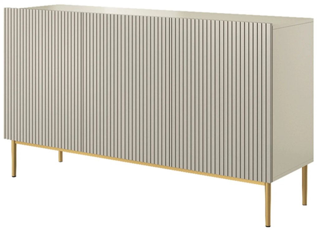 Komoda Nicole 150 cm trzydrzwiowa z ryflowanym frontem - kaszmir / złote nóżki