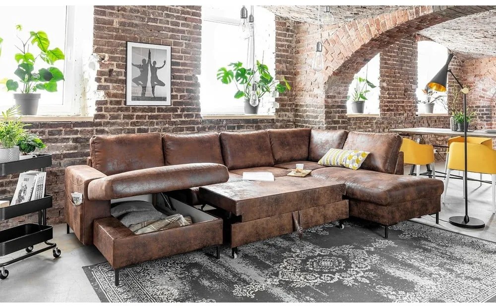 Brązowa rozkładana sofa w kształcie litery "U" z imitacji skóry Miuform Lofty Lilly Vintage, prawostronna