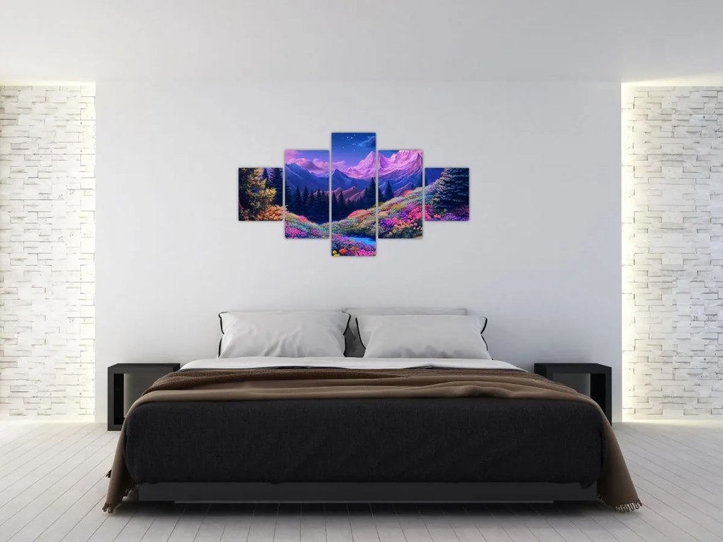 Obraz - Fioletowy krajobraz przy pełni księżyca (125x70 cm)