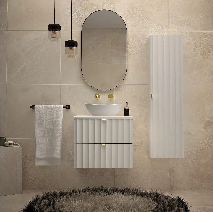 Biały Zestaw Łazienkowy 60cm Szafka z Blatem Ryflowane Fronty Arcos