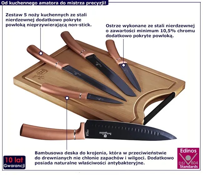 Elegancji zestaw noży stalowych z deską różowe złoto M4-E17