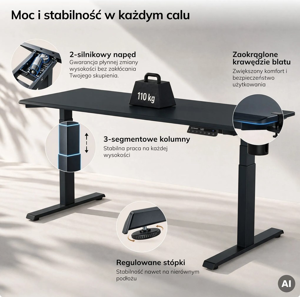 Biurko elektryczne z regulacją wysokości ergonomiczne antracytowe,1600x800 mm: ARIA