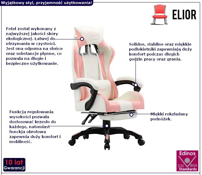Biało-różowy fotel gamingowy z zagłówkiem i podnóżkiem P1-A86