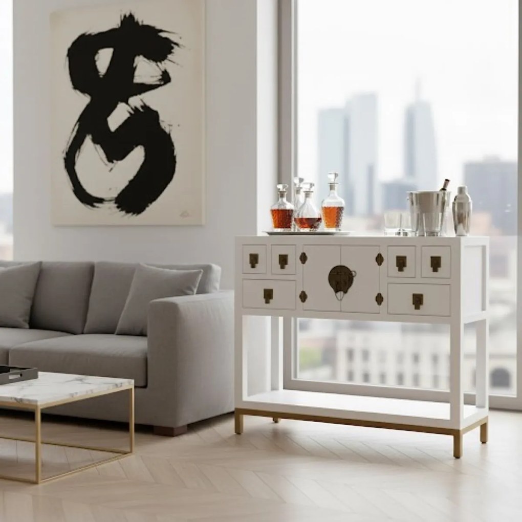 Konsola w stylu azjatyckim, szuflady, półka, metalowe okucia, biały mat.azwa