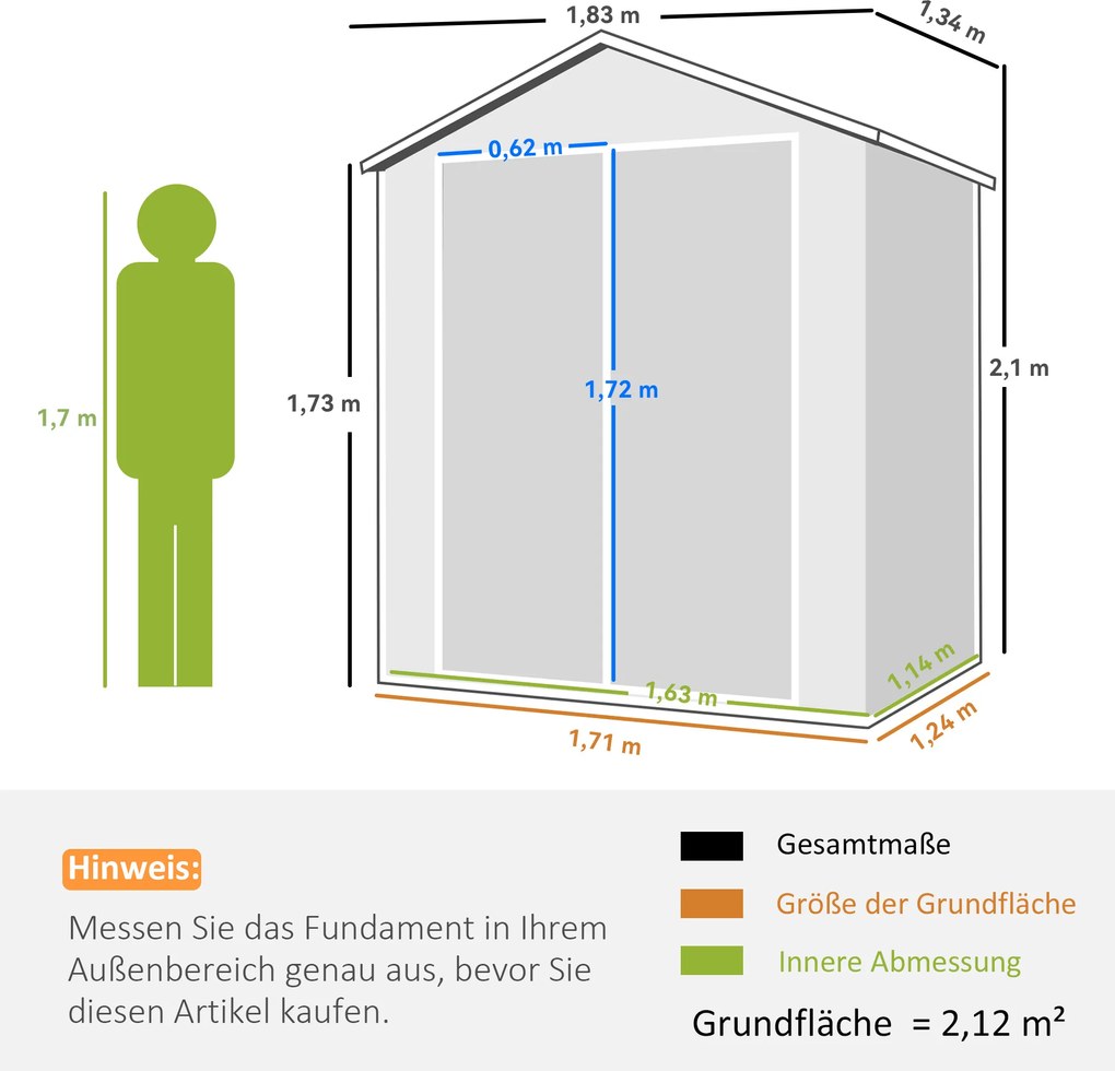 Outsunny Metalowy szop ogrodowy, zamykany na klucz, podwójne drzwi, okno, rama aluminiowa, 1,80 x 1,30 x 2,10 m, Szary