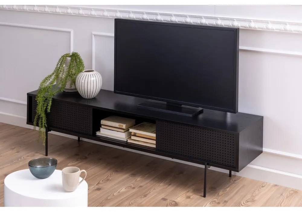 Czarna szafka pod TV w dekorze jesionu 180x44,5 cm Angus – Actona