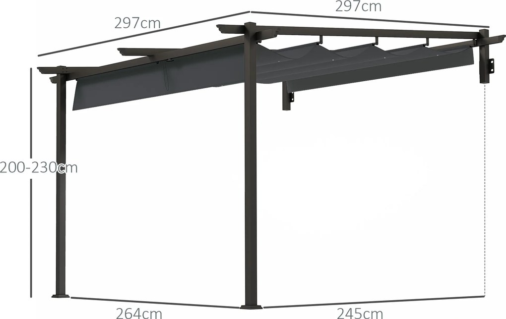 Outsunny Pawilon pergola 3x3 m montaż ścienny z regulowanym dachem wiatroodporna do ogrodu i tarasu ciemnoszary | Aosom PL
