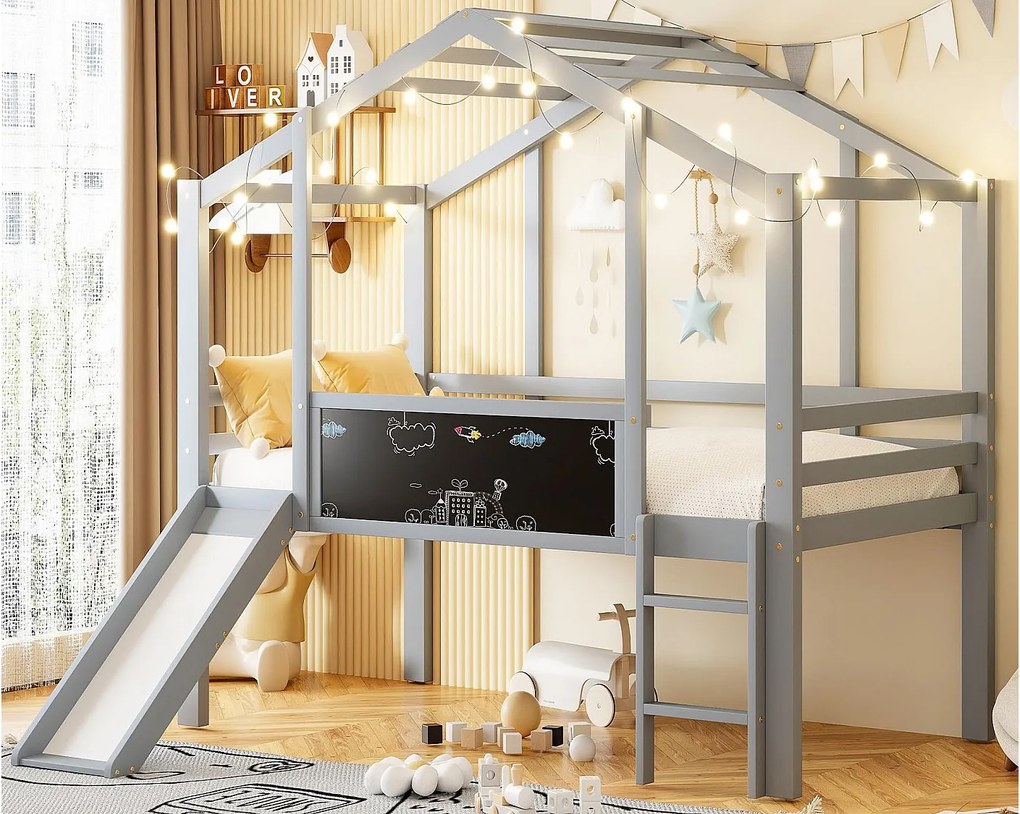 Łóżko na antresoli dziecięce 90x200 cm - z drabiną bezpieczeństwa - ze zjeżdżalnią - z tablicą do rysowania - Szary (materac nie jest dołączony)