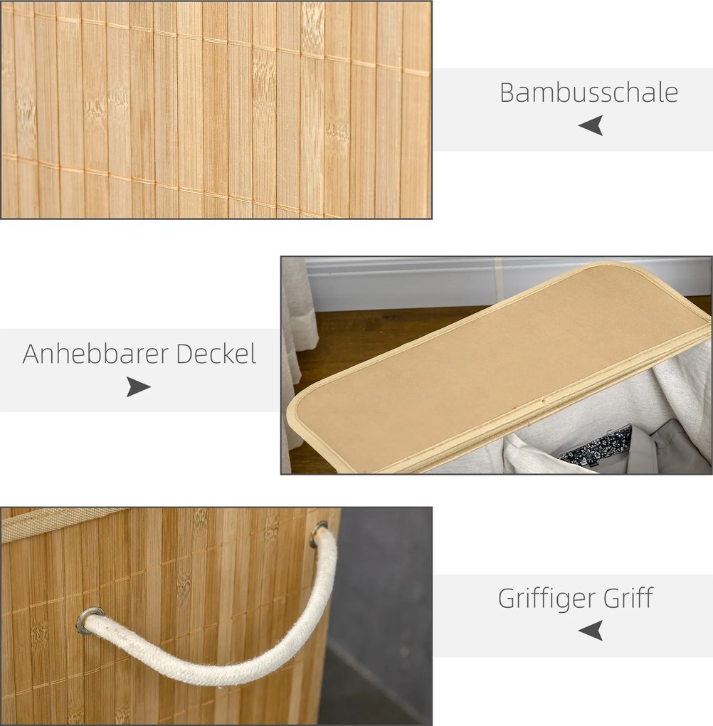 HOMCOM Składany kosz na pranie z bambusa, poręczny 90 L pojemnik na pranie z wyjmowanym wewnętrznym workiem i pokrywą