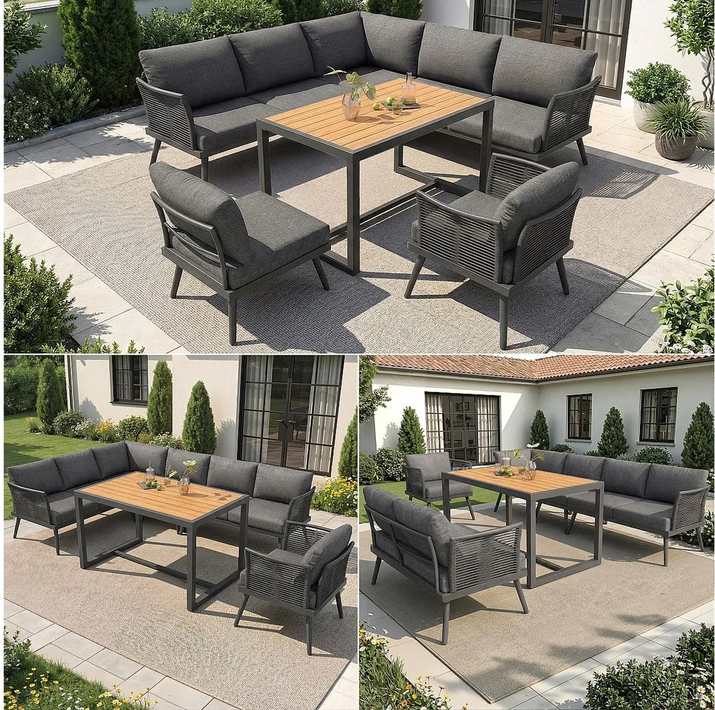 Zestaw mebli ogrodowych 7-osobowy - sofa z podłokietnikami plecionymi + stolik kawowy + fotel + poduszki - metalowy - szary