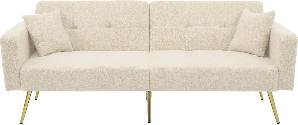 Sofa 2-osobowa z funkcją spania typu „klik-klak” w tkaninie Sherpa – 175 x 64 x 72 cm – Złote nogi – Beżowa