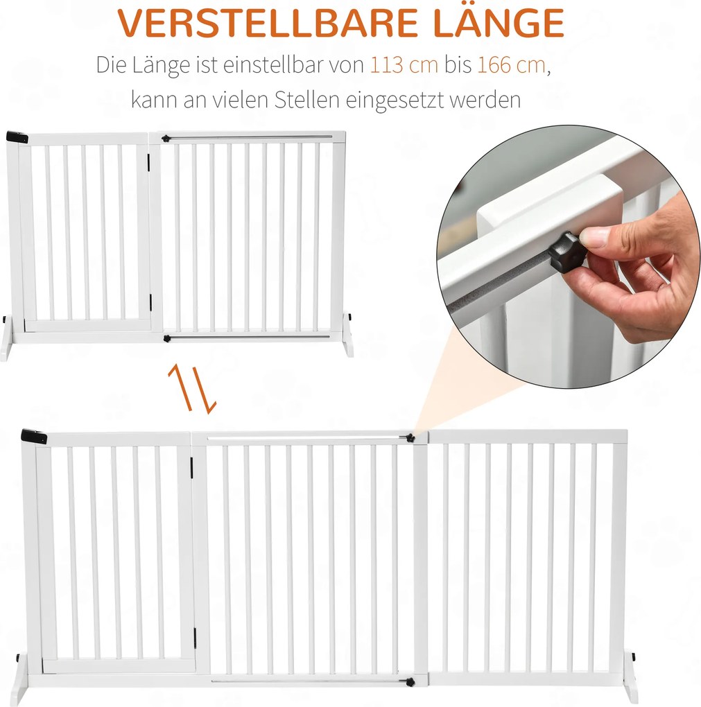PawHut Bramka Zabezpieczająca Drewniana do Drzwi Bariera dla Psów Biała Sosnowa Konfigurowalna 113-166x36x71cm | Aosom PL