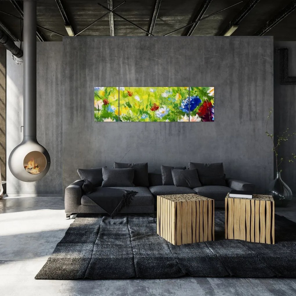Obraz kwitnącej łąki, obraz olejny (170x50 cm)