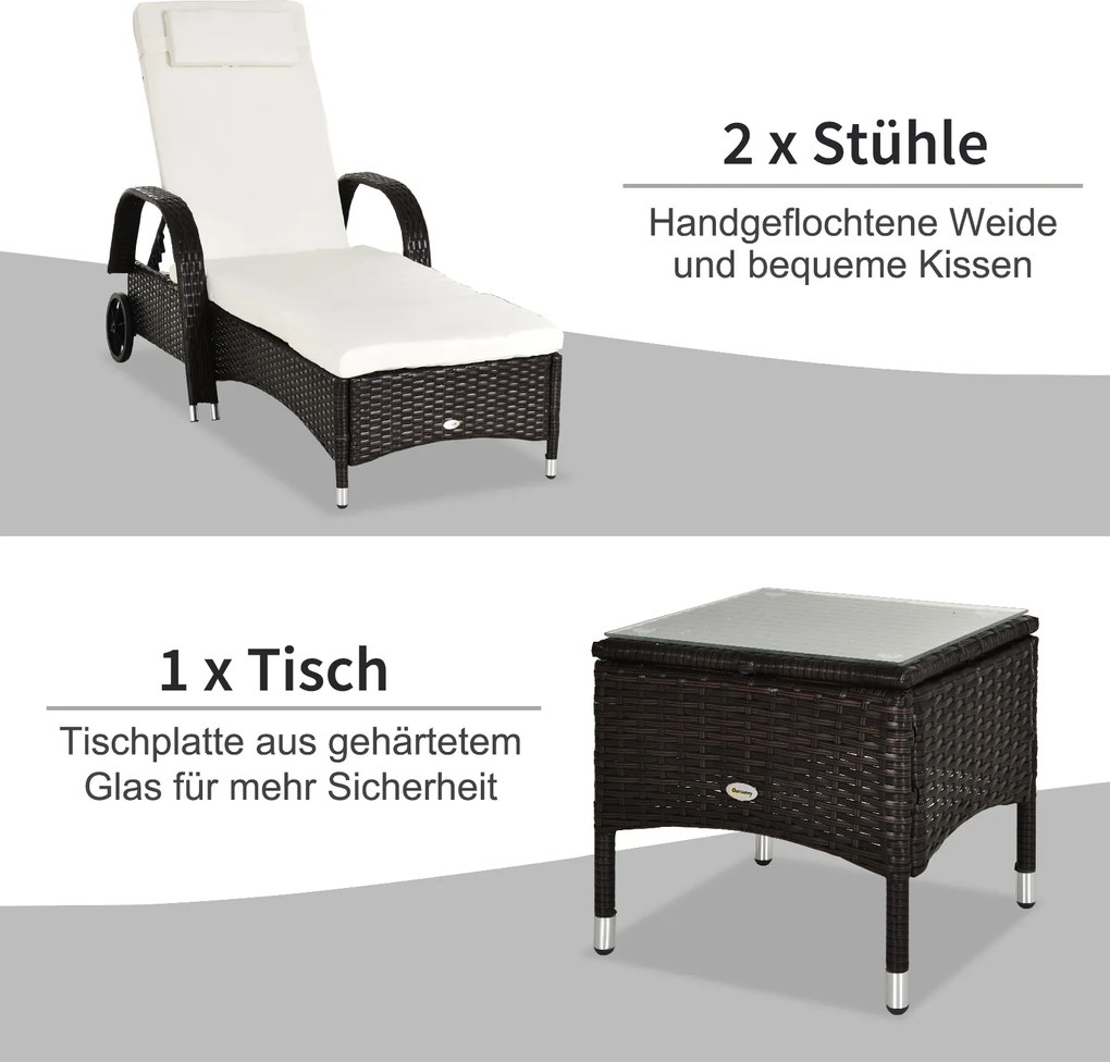 Outsunny leżak ogrodowy leżak 3-częściowy zestaw mebli ogrodowych technorattan brązowy