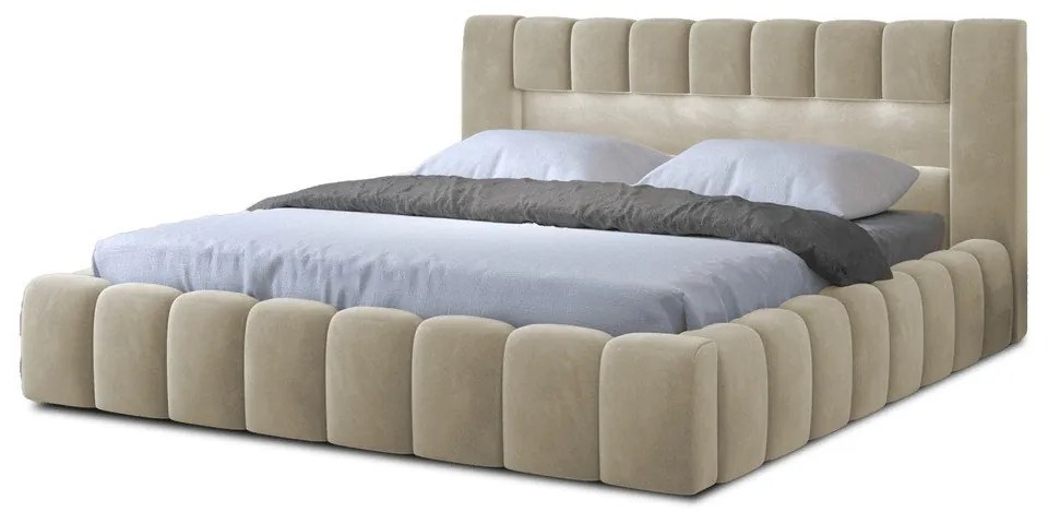 Beżowe tapicerowane łóżko dwuosobowe ze schowkiem ze stelażem 160x200 cm Lamica – ELTAP