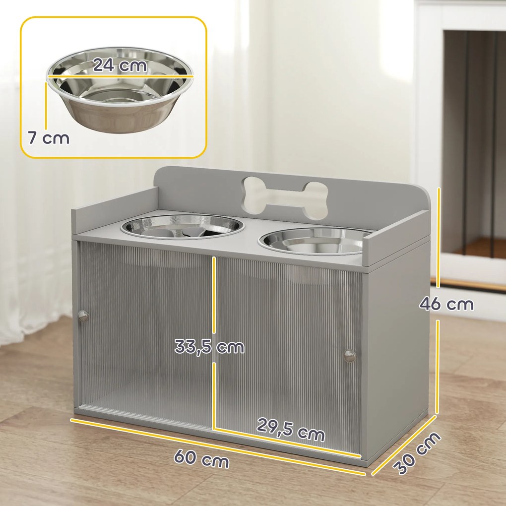 PawHut Podwyższona stacja karmienia z 2 miskami i szafką, MDF, stal nierdzewna, motyw kości, szary