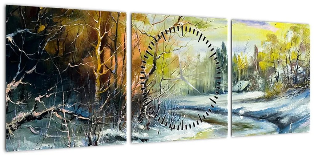 Obraz zimowej rzeki, obraz olejny (z zegarem) (90x30 cm)