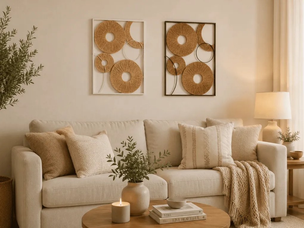 Zestaw 2 sztuk dekoracji ściennej CIRCLES metal 48x68 cm, brązowy / biały