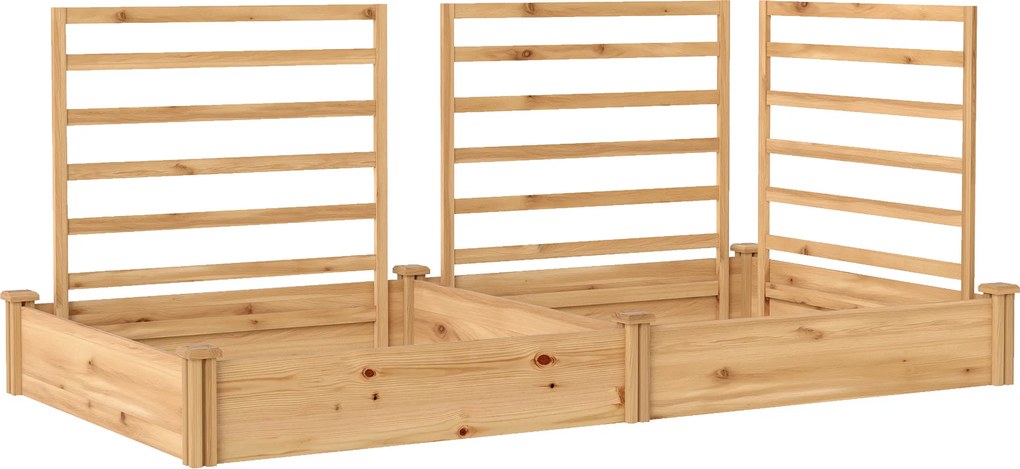 Outsunny Podwyższone grządki z kratką drewniana skrzynia na rośliny z 3 kratkami przegrodą i otwartym dnem 240 x 125 x 102 cm drewno naturalne | Aosom PL