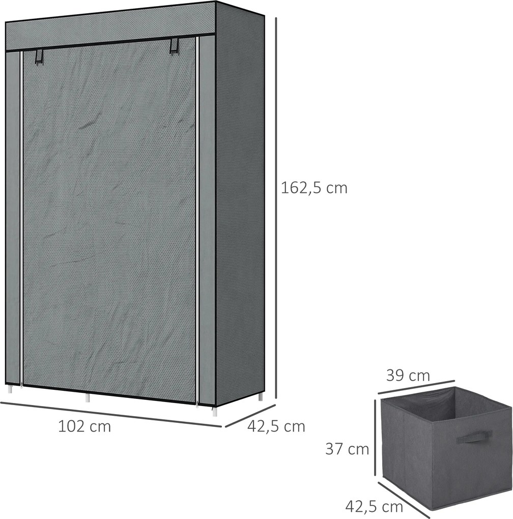 HOMCOM Szafa z tkaniny Szafa do przechowywania ubrań składana, 1 drążek na ubrania, 6 półek, 102 x 42,5 x 162,5 cm, Szary